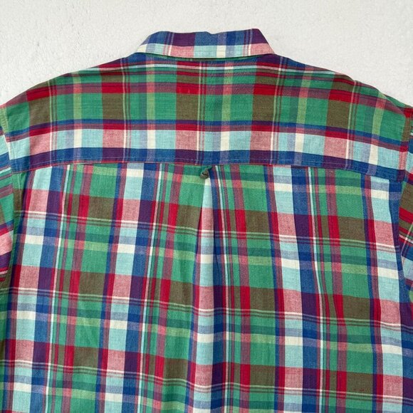 VTG 1980s Eddie Bauer Superior Madras Plaid Button Up Shirt SS Mens XL Preppy - Picture 5 of 13